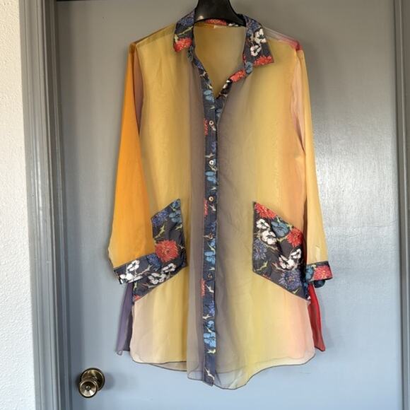 None and/or Unknown Tops - Yellow Ombre Sheer Women's Button Top Long Sleeve with Floral Trim sz 2X